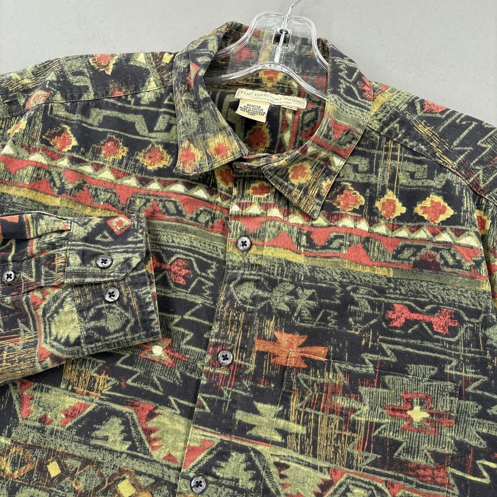 Territory Ahead Shirt Men M Green BlackSouthwestern Aztec Button Up Long Sleeve